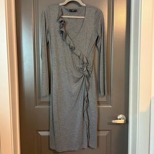 BOSS Hugo Boss- Gray Long Sleeve Ruffle Front Ruched Bodycon Midi Dress - S